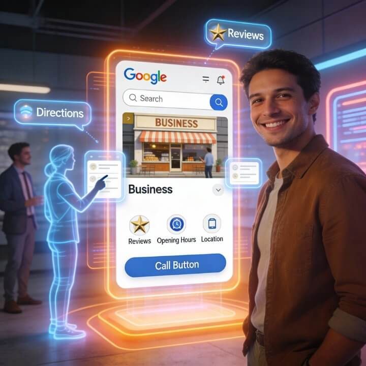 Holografische DigiAds44 Google Business Profile-Vorschau: Smartphone mit Laden, Reviews, Call-Button und interaktiven Figuren