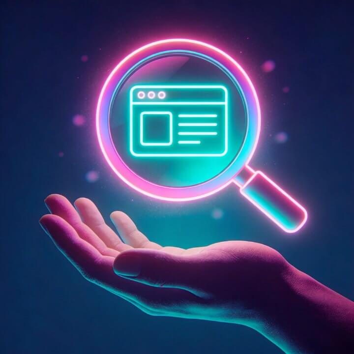 Neon-Lupe mit Website-Symbol in Hand, pink-cyan Glow-Effekt