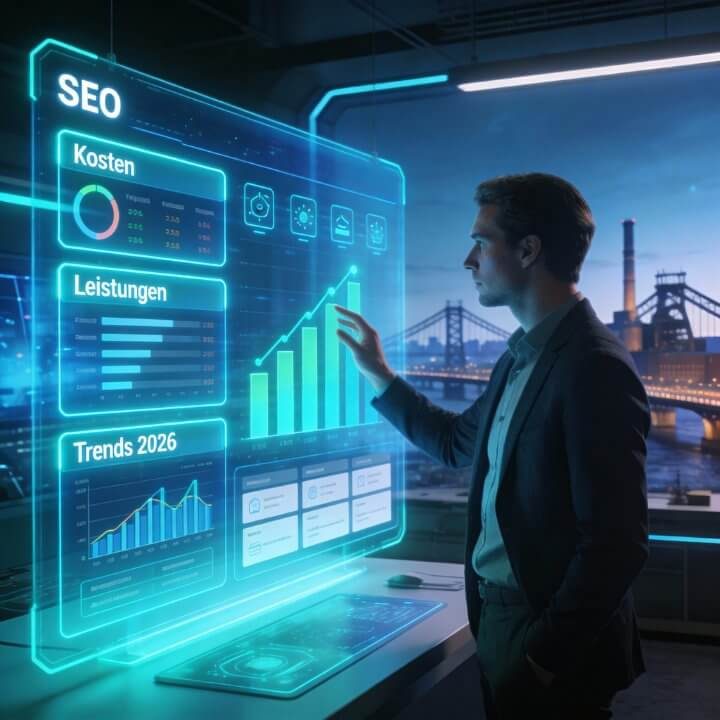 Mann analysiert SEO-Dashboard mit Kosten, Leistungen, Trends 2026 vor Duisburg-Industrie-Hintergrund