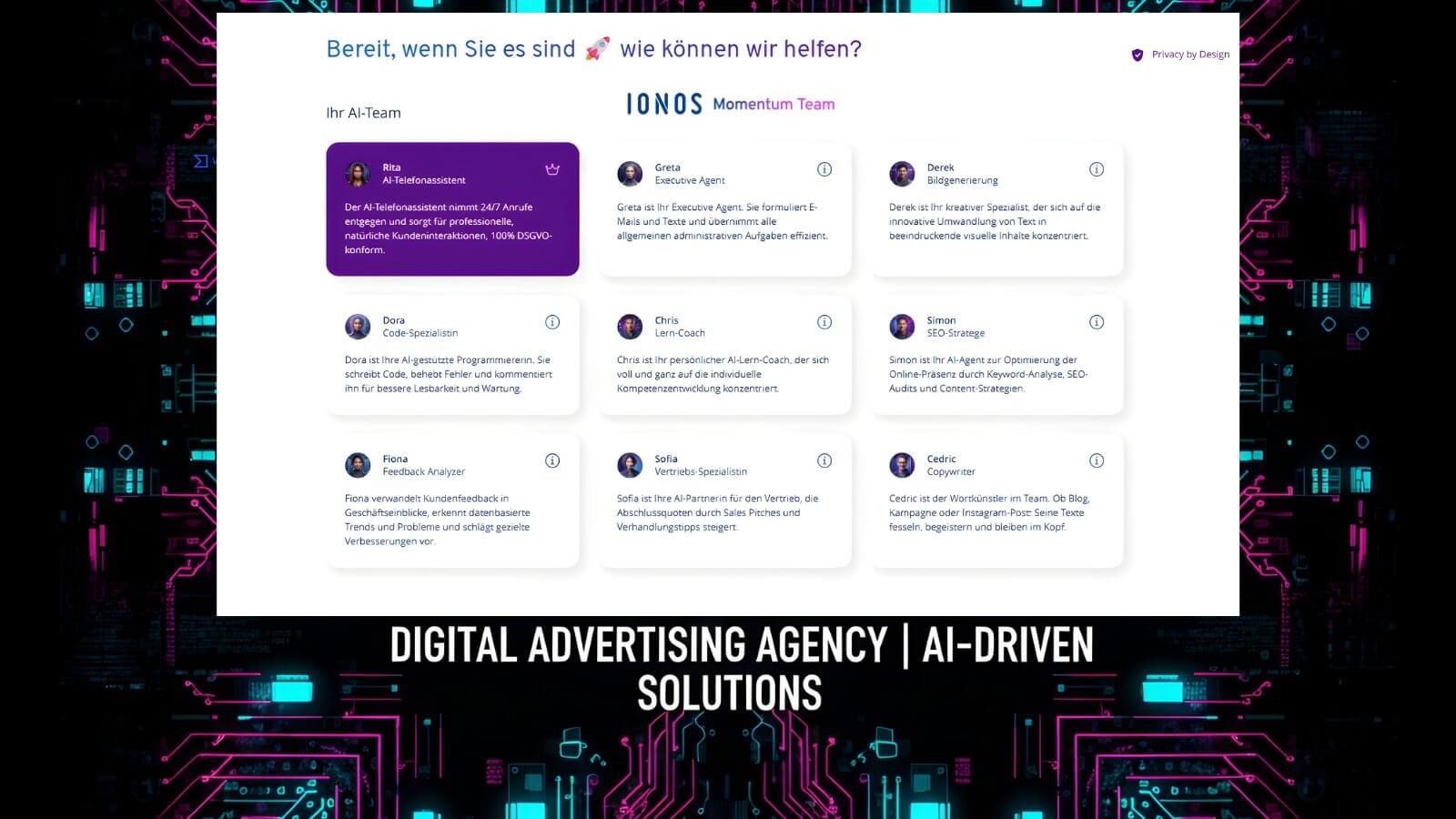 IONOS Momentum Team-Übersicht mit KI-Helfern, Digital Advertising Agency - Made in Germany