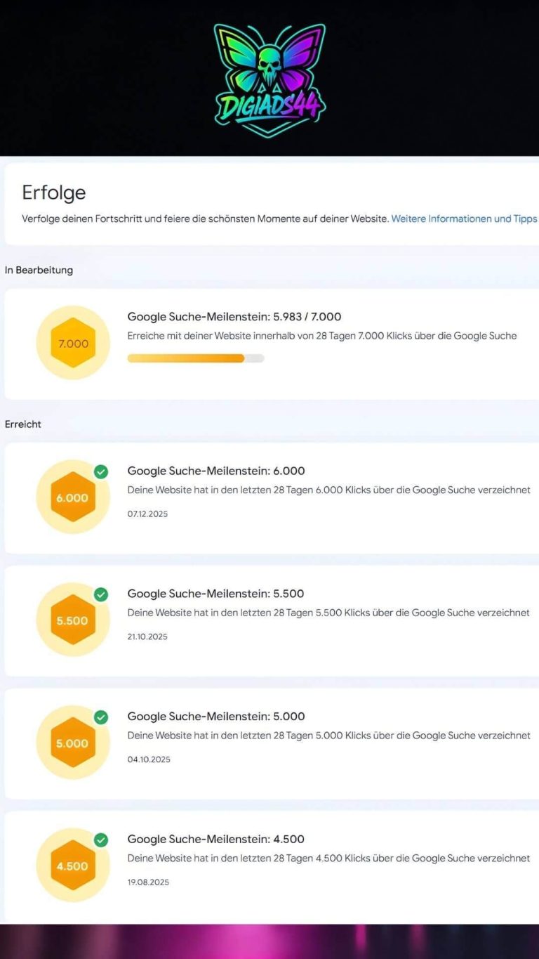 DigiAds44 Google Search Console Erfolge: 4.500-6.000 Klicks erreicht - SEO Wachstum