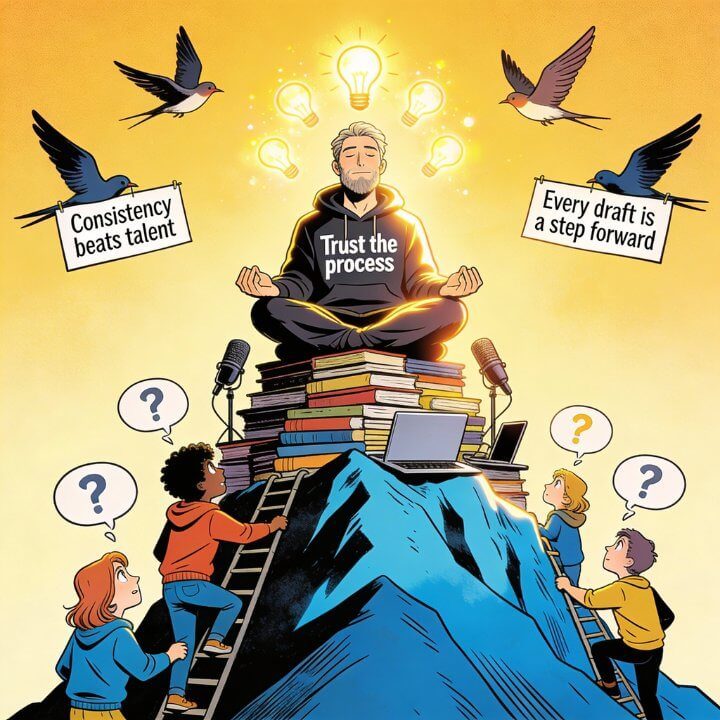 Illustration Mann meditiert auf Bücherstapel mit Glühbirnen, Kinder klettern Leiter, Sprüche "Consistency beats talent" 