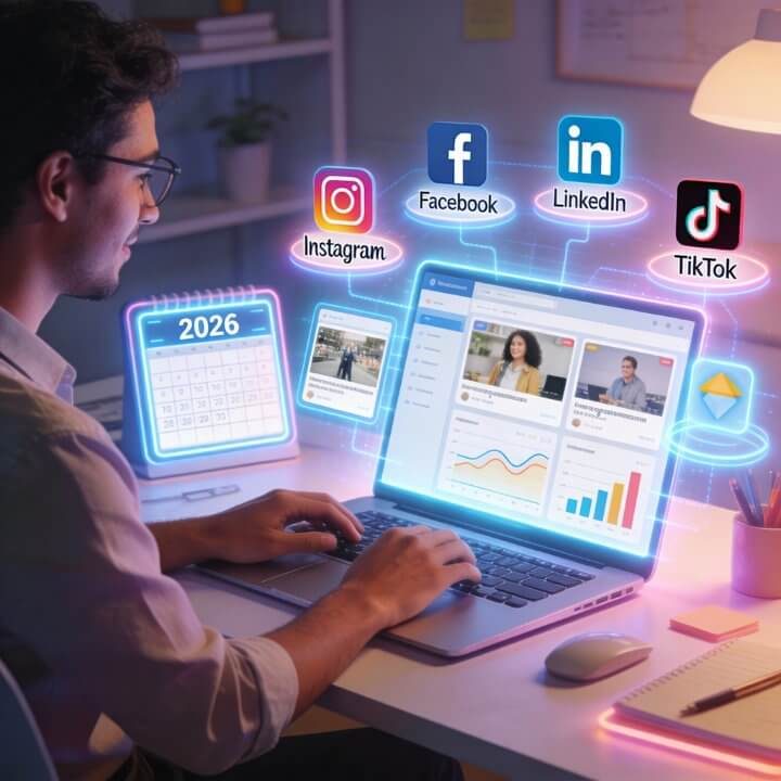 DigiAds44 Social Media Strategie - Mann arbeitet am Laptop mit Social Media Plattformen, Analytics Dashboards und 2026 Kalender im neonbeleu