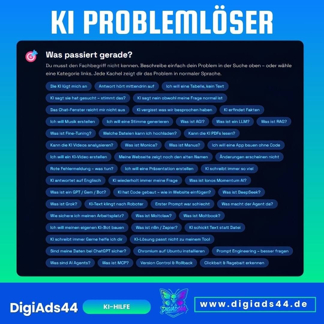 KI Problemlöser Übersicht mit typischen KI-Problemen wie Halluzination, Antwort Abbruch und fertigen Lösungen zum Kopieren