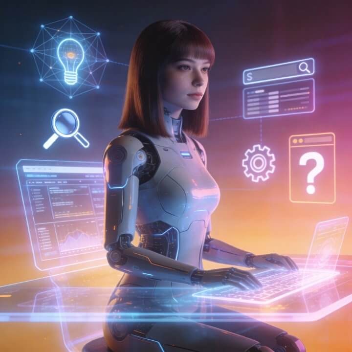 AI-Generalistin Greta mit Suchmaschinen, Code und Analyse-Hologrammen