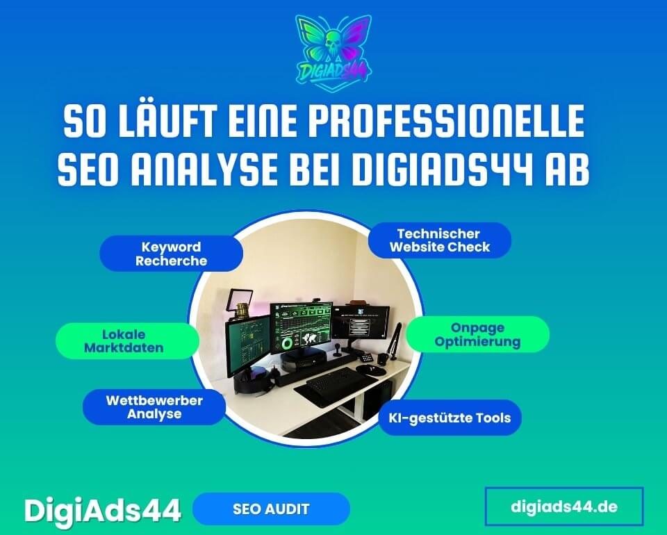 Der detaillierte Ablauf einer professionellen SEO Analyse durch DigiAds44 für Online Sichtbarkeit.