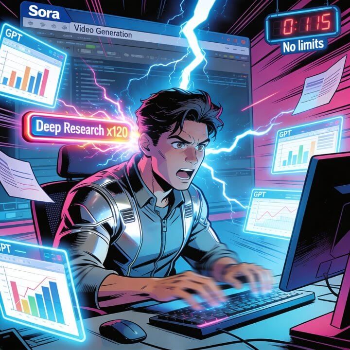 Fokussierter User am PC mit ChatGPT Pro: Deep Research x120, Sora Video Generation, No Limits