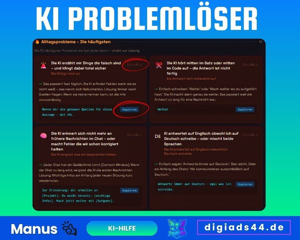 Der KI Problemlöser zeigt typische Alltagsprobleme mit KI in normaler Sprache. Zu jedem Problem gibt es eine kurze Erklärung