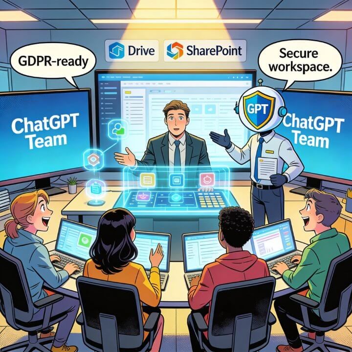Dynamisches Team vor Monitoren mit ChatGPT Team, integriert Drive/SharePoint, GDPR-ready und secure workspace