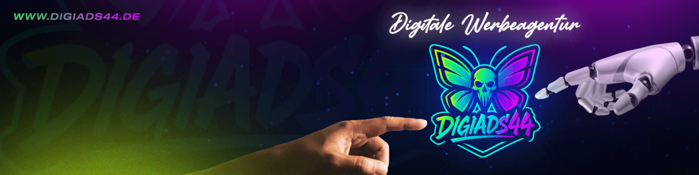 DigiAds44 Banner mit leuchtendem Schmetterlings-Skull-Logo zwischen menschlicher Hand und Roboterhand