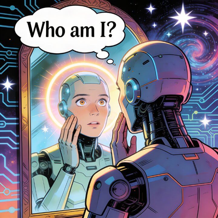 Comic Science-Fiction KI Marketing DigiAds44 Roboter reflektiert Identität im Spiegel mit kosmischem Hintergrund