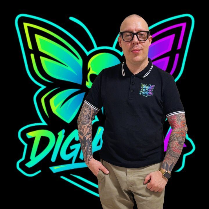 Dennis Dickmann Gründer DigiAds44 Duisburg neon Schmetterling Logo Poloshirt Tattoos