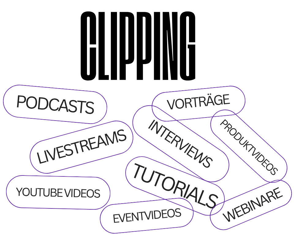 Inhalte, die sich zum Clippen eignen Übersicht geeigneter Clipping Inhalte wie Podcasts, Interviews, Livestreams, Webinare, Tutorials und Videos