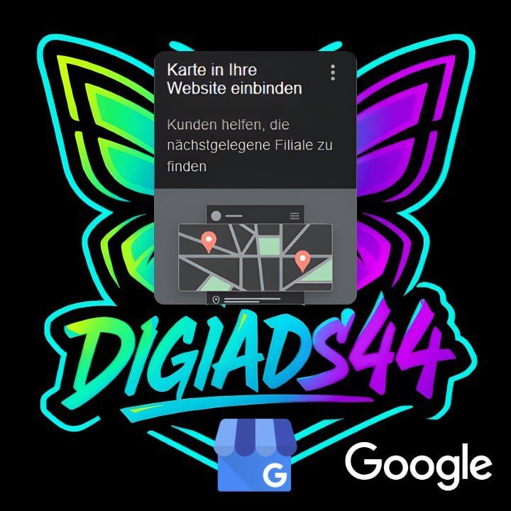 Lokale Autorität stärken durch Einbindung von Karte Standort und Anfahrtsinfos. DigiAds44 Logo Hintergrund.