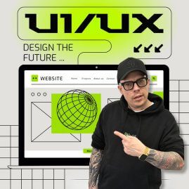 Dennis in Hoodie und Kappe zeigt auf Laptop mit UI/UX-Design, Website Wireframe und digitaler Kugel. UI/UX Design Zukunft.