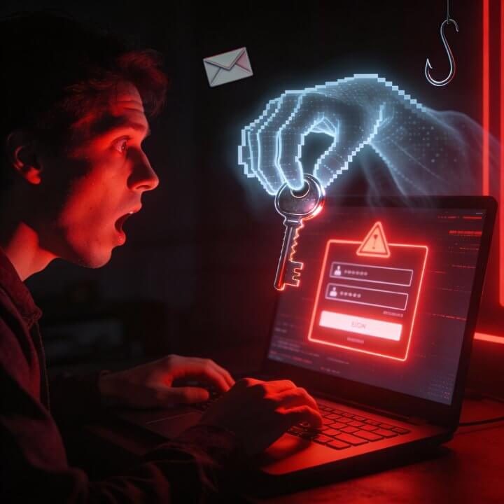 Mann mit geweiteten Augen am Laptop, neon Geisterhand greift mit Haken nach Passwort-Schlüssel und E-Mail