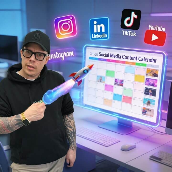 DigiAds44 Social Media Kalender 2026 - Dennis mit Rakete vor Monitor Instagram LinkedIn TikTok YouTube Planung