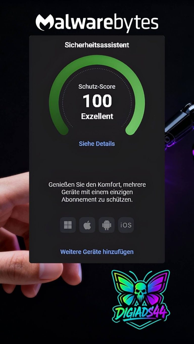 Malwarebytes 100% Schutz-Score mit DigiAds44-Logo