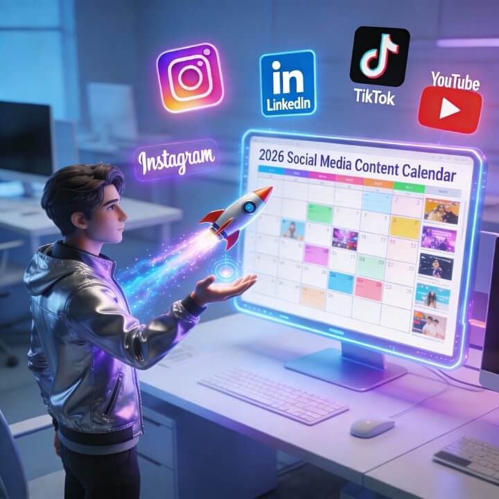 DigiAds44 Social Media Kalender 2026 - Mann mit Rakete vor Monitor Instagram LinkedIn TikTok YouTube Planung