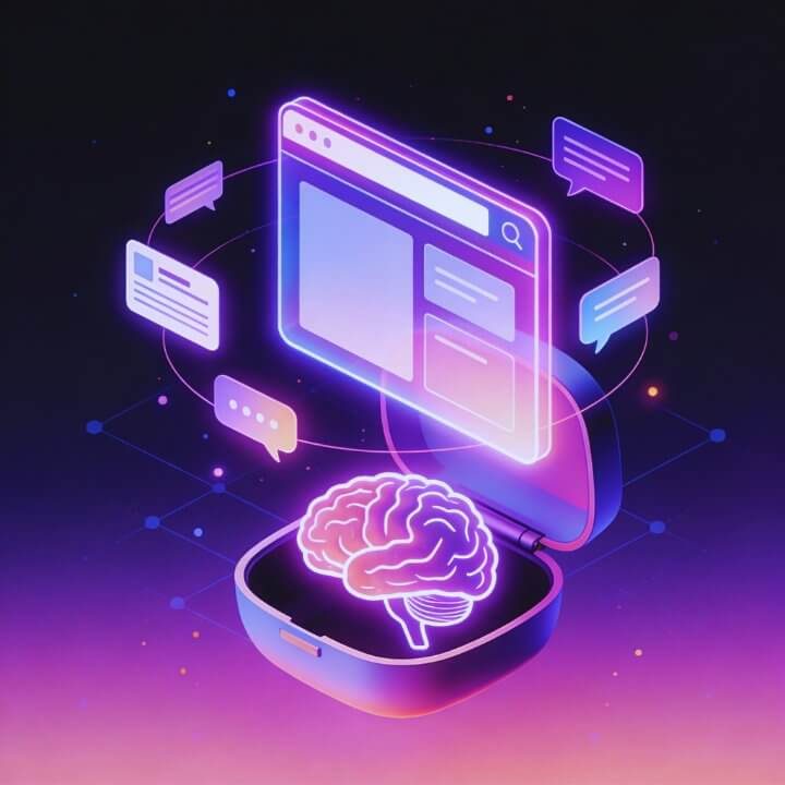 Neon-Gehirn in Box mit Website, Chat-Bubbles und Netzwerk - DigiAds44 AI Geo-SEO-Optimierung