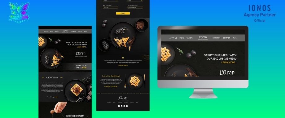 Responsive Restaurant-Website-Design für L'Gran, dargestellt auf Desktop, Tablet und Smartphone. Zeigt Waffeln, Trauben und Buchungsoptionen
