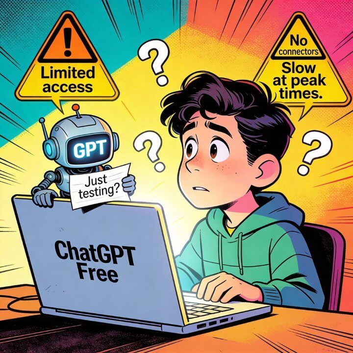 Unsicherer User testet ChatGPT Free: Limited access, slow at peak times, Fragezeichen