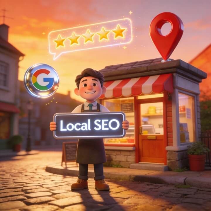 Fröhlich animierter Bäcker mit Local-SEO-Schild vor Shop, 5 Sternebewertung und Google-Symbol