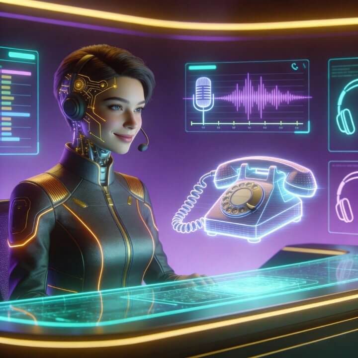 Telefon-Assistentin Rita mit Headset, Anruf-Panels und Audio-Wellen