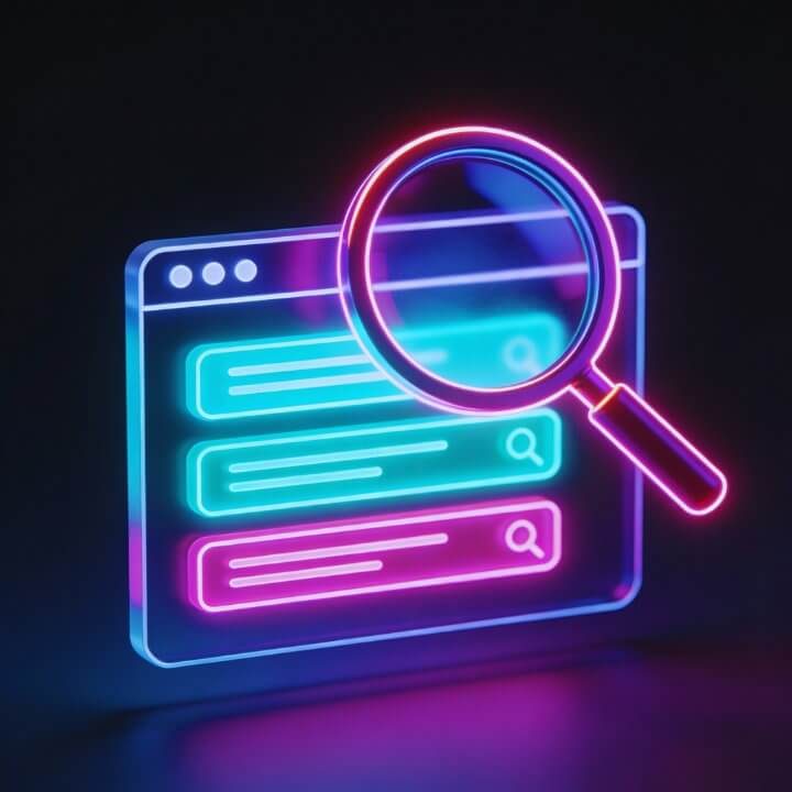Neon-Lupe über Website mit Suchleisten - DigiAds44 SEO Keyword-Analyse