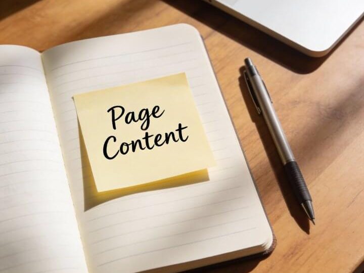 Offenes Notizbuch mit gelbem "Page Content"-Post-it, Stift und Laptop auf Holztisch