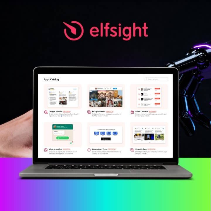 Zwei Hände am Laptop mit Elfsight Apps-Katalog: Widgets für Google Reviews, Instagram Feed, WhatsApp Chat, LinkedIn, Countdown Timer u.v.m.