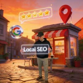 Animierter Dennis mit Local-SEO Schild vor Shop, 5 Sternebewertung und Google Symbol.