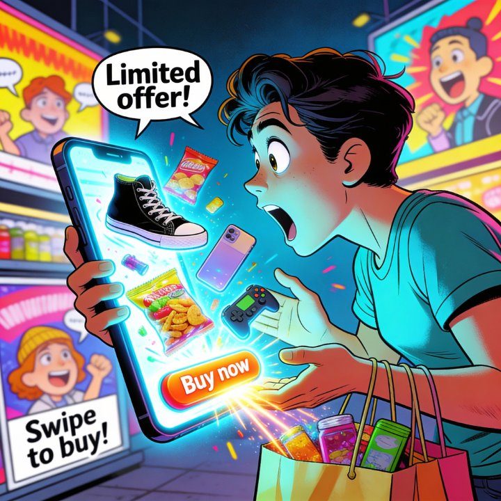 Illustration Jugendlicher kauft Snacks im Supermarkt per Swipe-to-buy auf Smartphone mit "Limited Offer" Banner