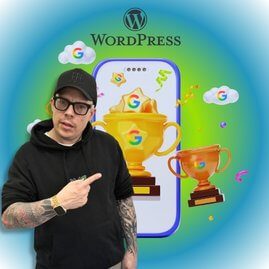 Dennis mit Hoodie und Kappe präsentiert WordPress Erfolge: Google Ranking, Trophäen, Smartphone-Optimierung. Effektive SEO Strategien.