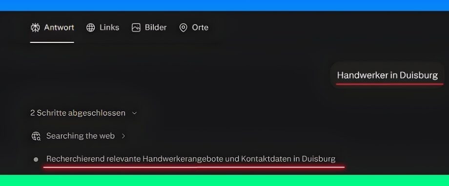 Rechercheprozess für Handwerker in Duisburg mit KI Suchinterfaces von Perplexity AI mit der Suchanfrage Handwerker in Duisburg.
