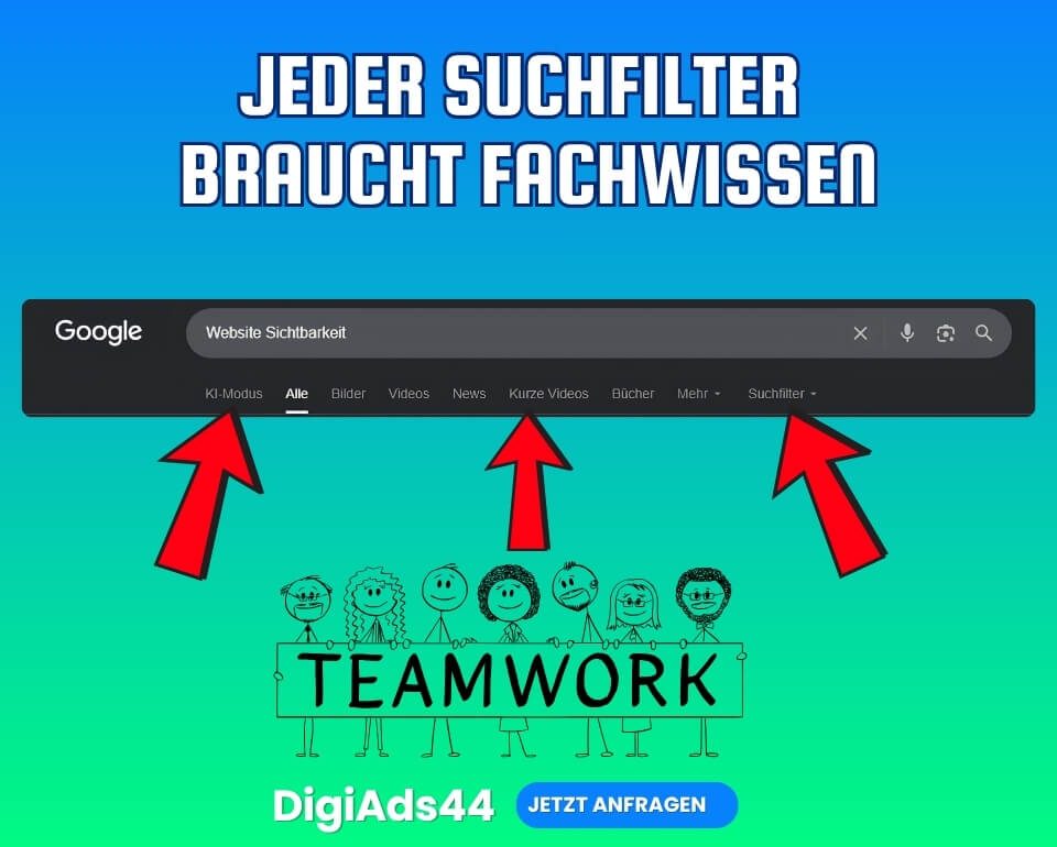 Website Sichtbarkeit braucht Fachwissen für jeden Suchfilter Jeder Suchfilter braucht Fachwissen dargestellt auf einem grafischen Banner mit blau grünem Hintergrund und Teamwork Illustration