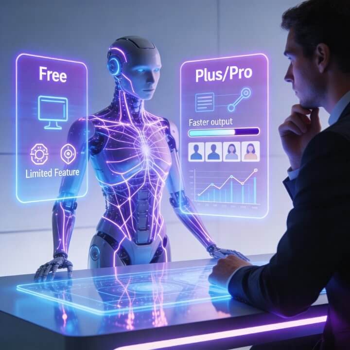 Geschäftsmann berät mit neonfarbener KI-Roboter: Free (limited) vs. Plus/Pro (faster output, Features)