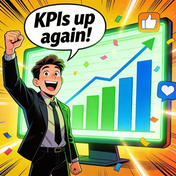 Comic Mann feiert KPIs hoch mit wachsenden Balkendiagrammen Like-Pfeil DigiAds44 Strategie