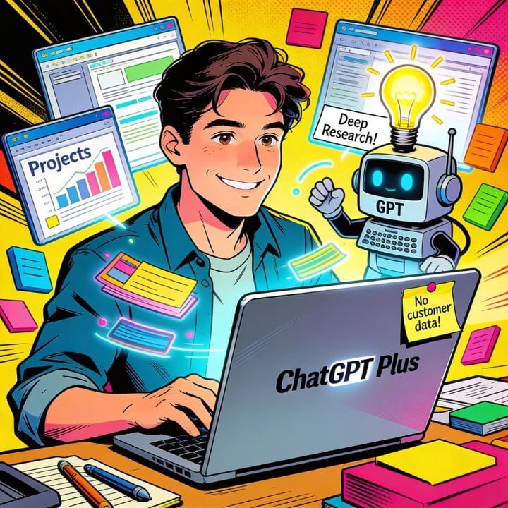 Begeisterter User arbeitet mit ChatGPT Plus: Projekte, Deep Research, No customer data limits