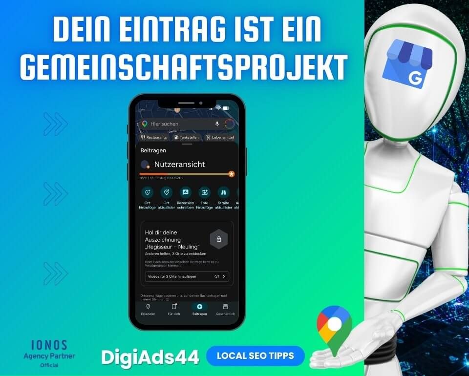 Optimierung des Google Unternehmensprofils mit Community Beiträgen Smartphone zeigt Google Maps App mit Beitragsfunktion, Roboter und Google Business Logo