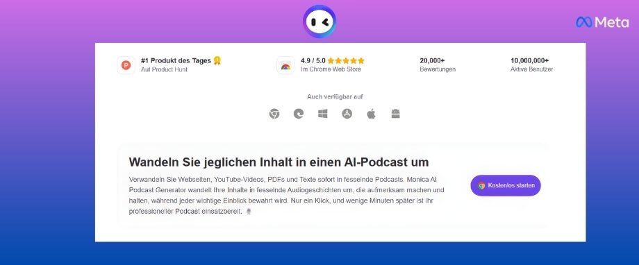 Monica AI Podcast Generator: Inhalte in AI-Podcasts umwandeln Detailansicht der Monica AI Podcast Generator Benutzeroberfläche, die die Umwandlung von Inhalten in AI-Podcasts bewirbt.