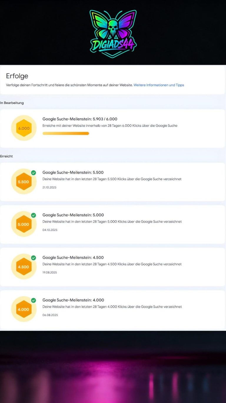 DigiAds44 Google-Suche Erfolge: 4.000-5.500 Klicks erreicht (4x 500er Schritte) - SEO Wachstum