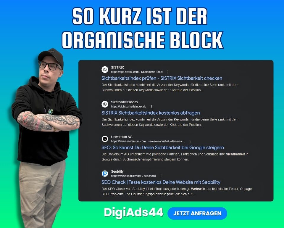 Organischer Block bei Website Sichtbarkeit oft zu kurz So kurz ist der organische Block dargestellt auf einem grafischen Banner mit blau grünem Hintergrund und Dennis von DigiAds44