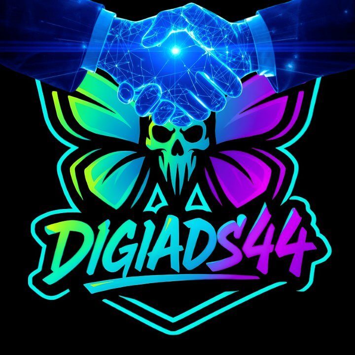 Digitaler Handschlag über dem DigiAds44-Logo mit Schmetterlings-Totenkopf in Neonfarben