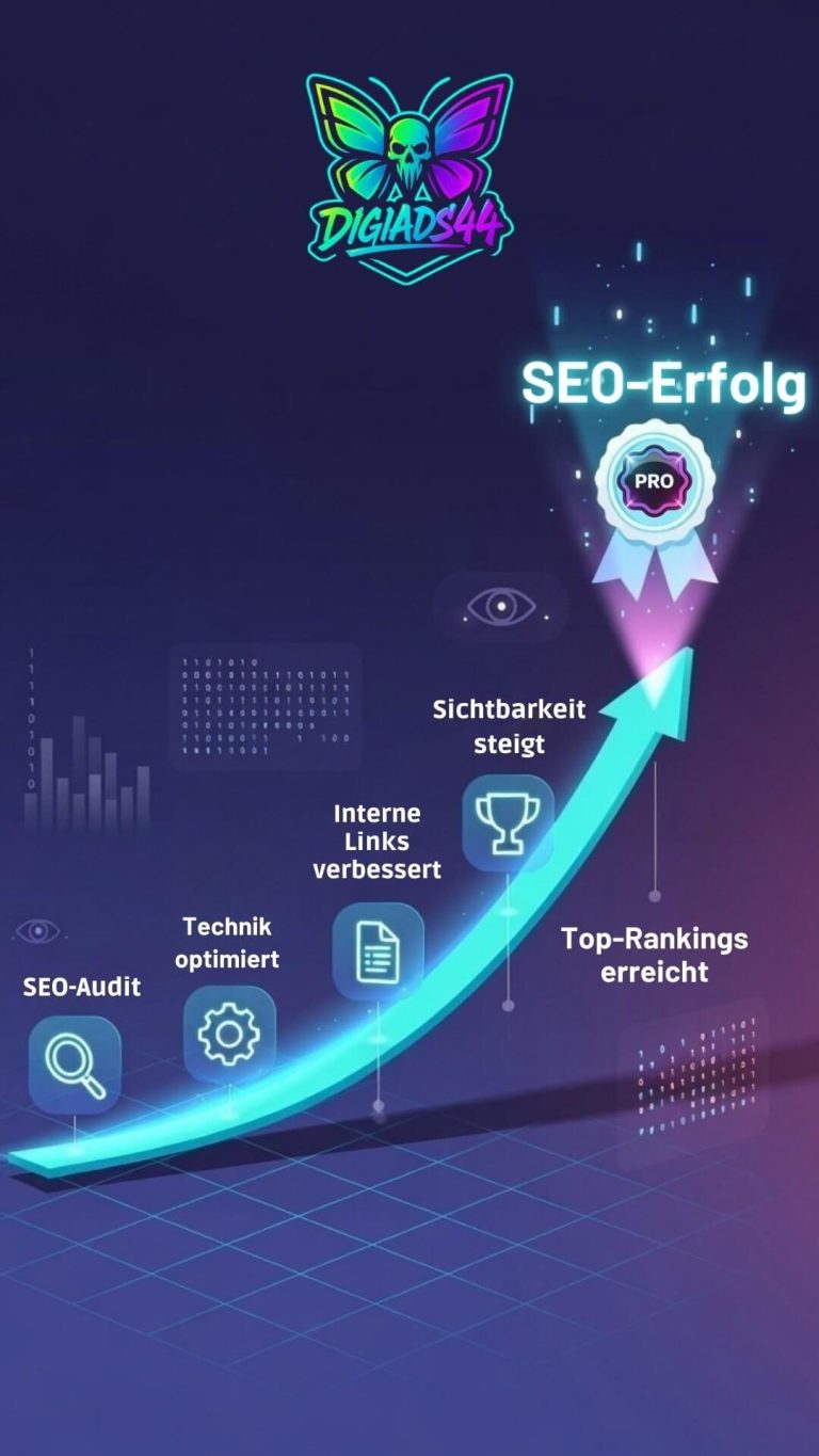 DigiAds44 SEO-Erfolg-Infografik mit Sichtbarkeit, interne Links, Technik und Top-Rankings