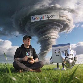 Dennis mit Kaffee neben User First Figur während Google Core Update Tornado durch das Internet fegt.