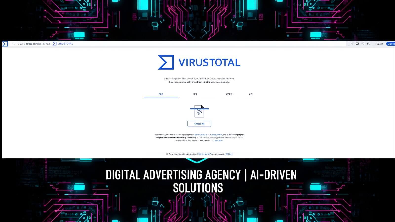 VirusTotal Scan-Auswahl mit Digital Advertising Agency Overlay