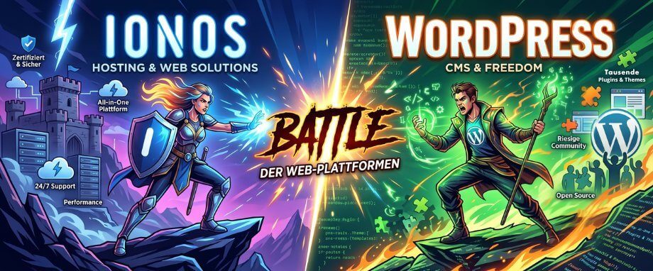 Kampf der Web-Plattformen IONOS vs. WordPress. Detaillierte Darstellung der Kernvorteile beider Systeme, inklusive Hosting, CMS und Support.
