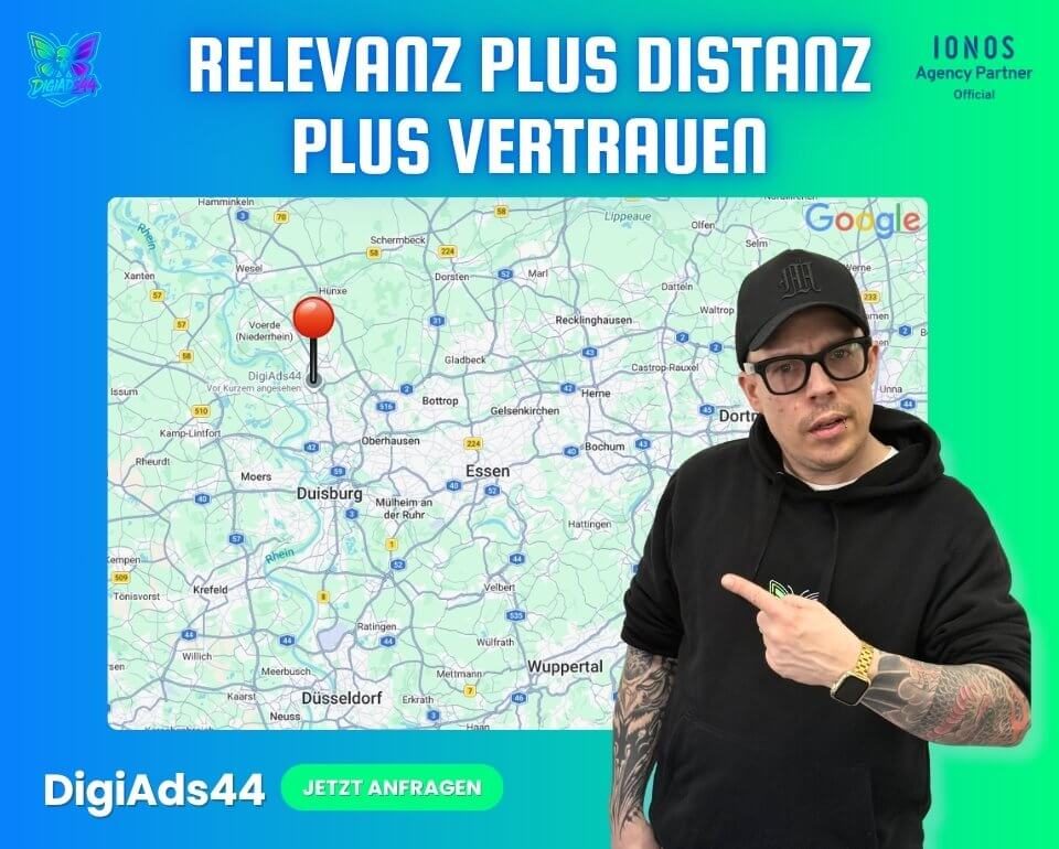 Lokale Präsenz und Vertrauen durch SEO Dennis zeigt auf Google Maps Karte mit lokaler SEO-Markierung von DigiAds44.