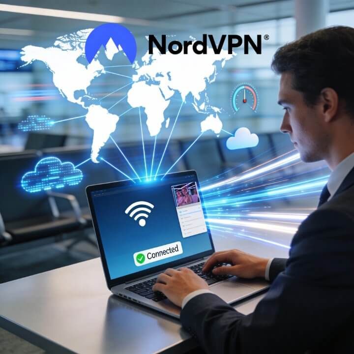 Mann nutzt Laptop mit NordVPN-Verbindung und Weltkarte mit vernetzten Servern im Hintergrund